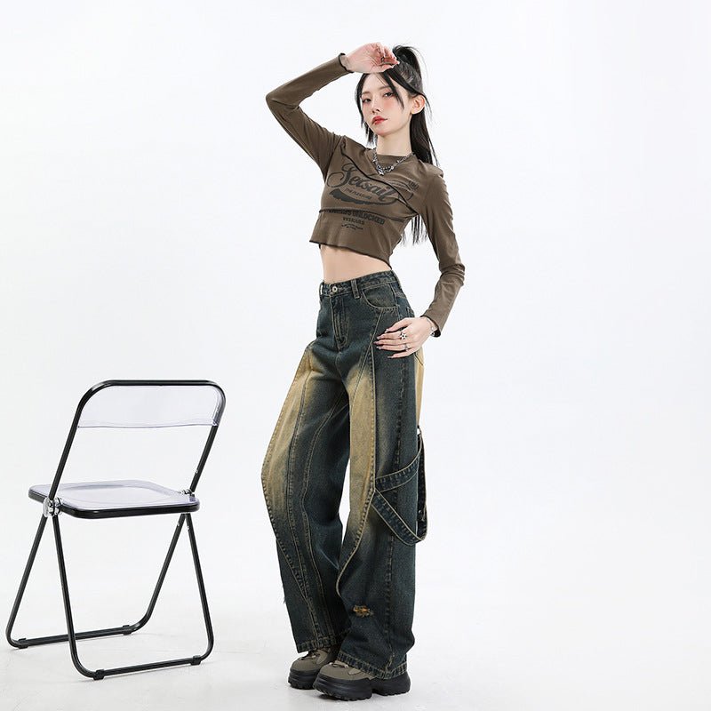 Fashion model wearing Retro Prewashed Effect Pants styled with a cropped top and trendy accessories