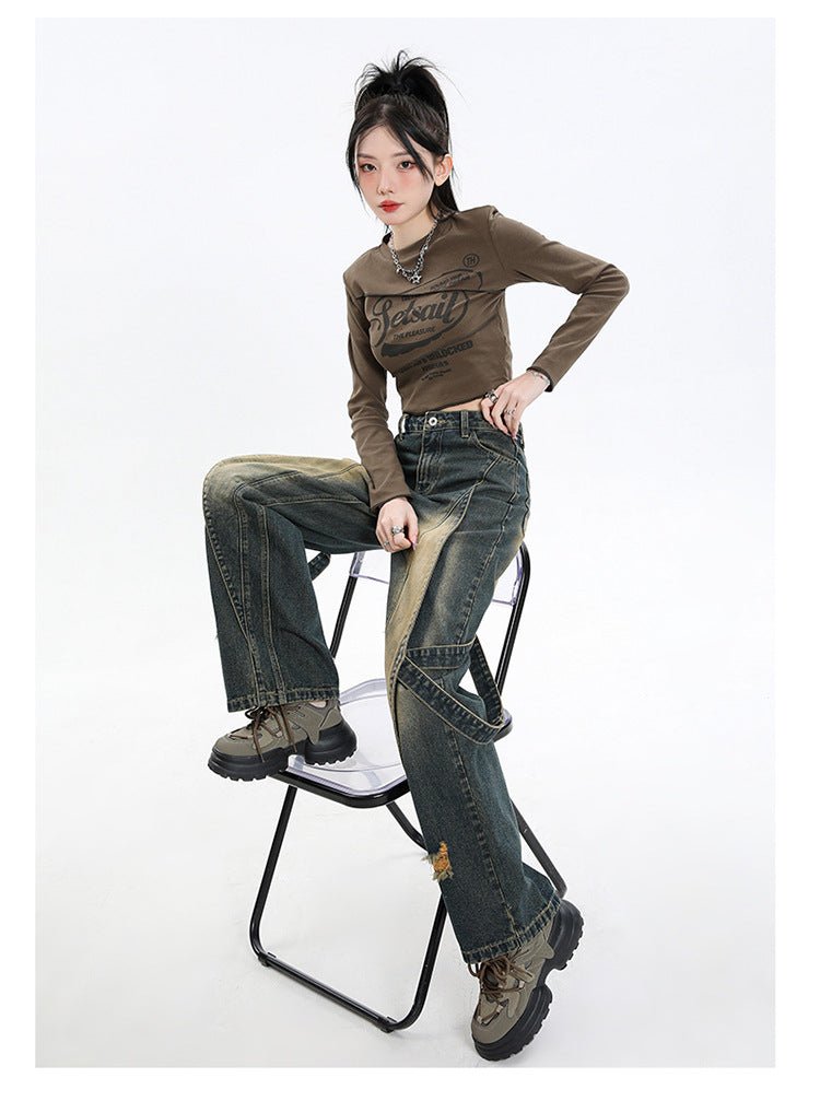 Model wearing Retro Prewashed Effect Pants with a unique design and distressed detailing, styled for a trendy look