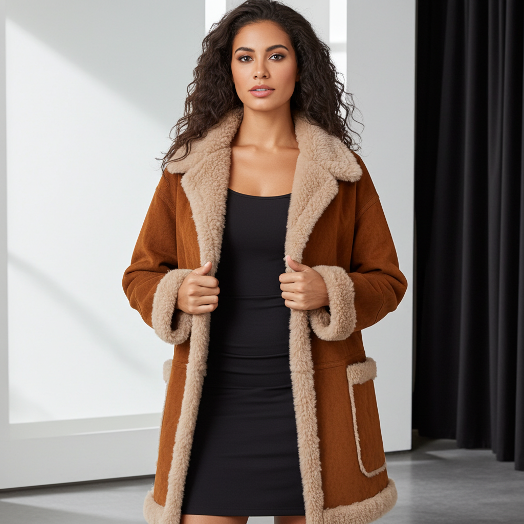 AM Vision RO Retro Suede Wool Mid-Length Coat with Cozy Shearling Lining in Brown
