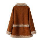 Back view of a Retro Suede Wool Mid-Length Coat in brown with cozy fur trim on the collar and sleeves