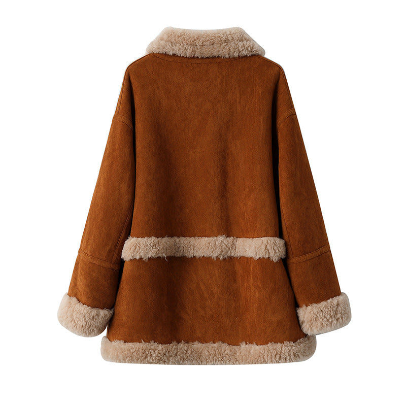 Back view of a Retro Suede Wool Mid-Length Coat in brown with cozy fur trim on the collar and sleeves