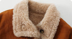 Close-up of the collar of a Retro Suede Wool Mid-Length Coat featuring soft, fleece lining