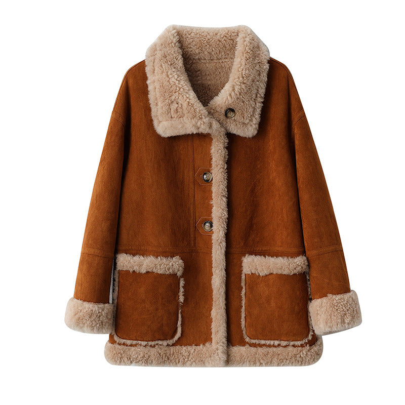 Retro Suede Wool Mid-Length Coat in Brown with Soft Fur Lining and Pockets