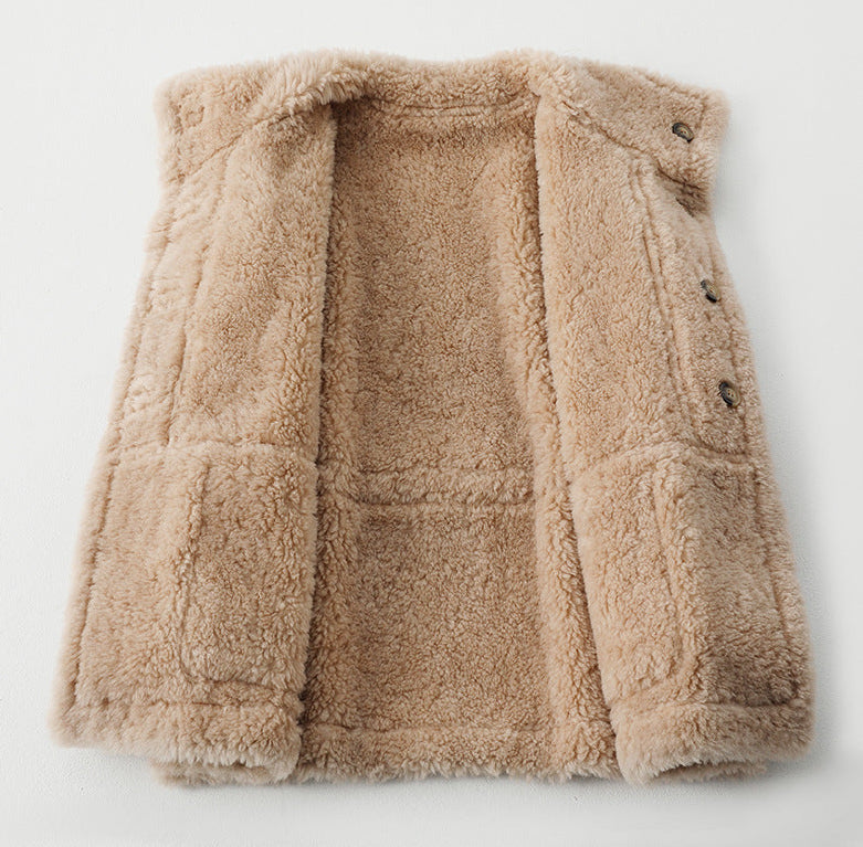 AM Vision RO Retro Suede Wool Mid-Length Coat in soft beige with a cozy texture and button details