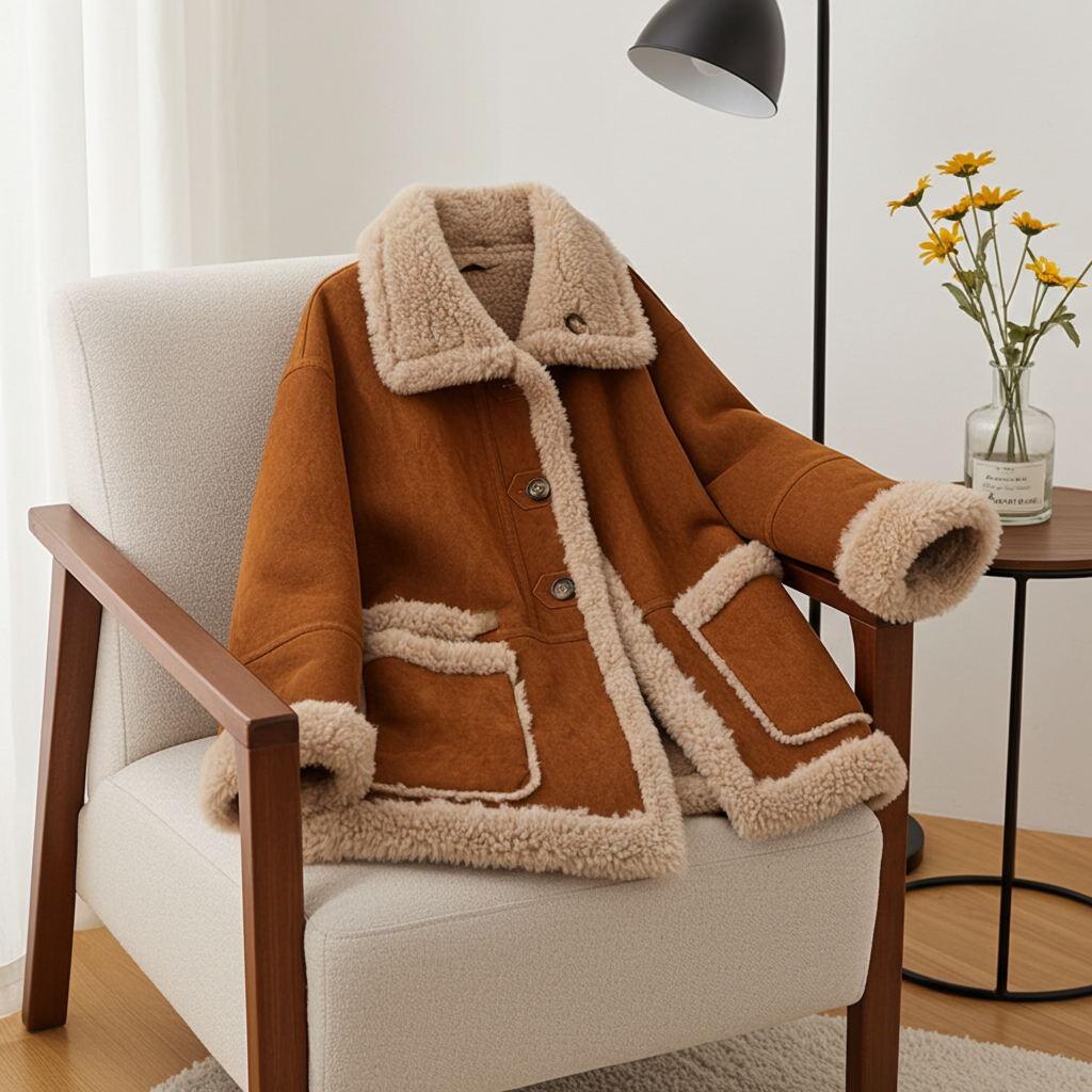 AM Vision RO Retro Suede Wool Mid-Length Coat in Brown with Shearling Details and Button Closure