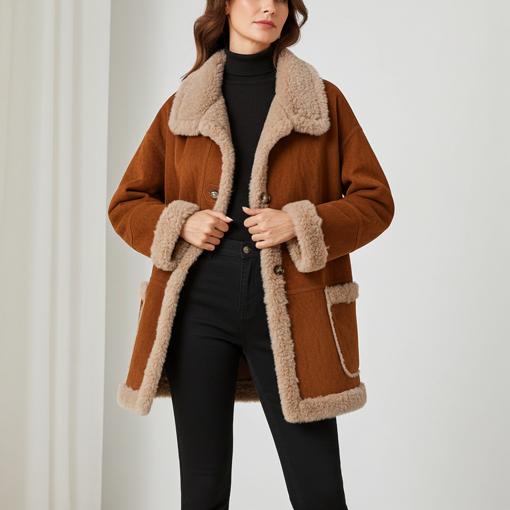 Retro Suede Wool Mid-Length Coat displayed on a wooden chair with a stylish pattern