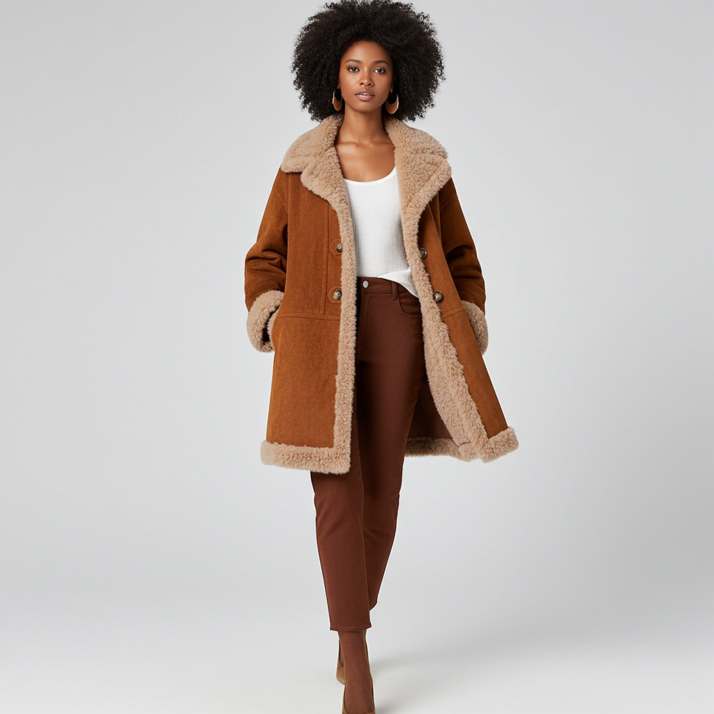 Stylish blue AM Vision RO Retro Suede Wool Mid-Length Coat with unique cut and belt details