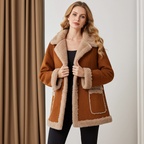 Women's Retro Suede Wool Mid-Length Coat in Brown with Plush Faux Fur Trim and Pockets