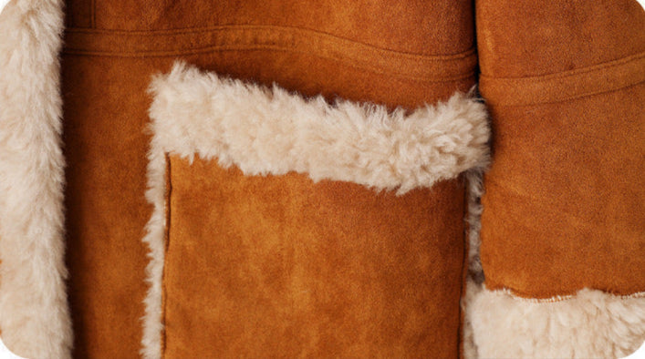 Close-up of Retro Suede Wool Mid-Length Coat showing plush fur lining and pockets