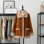 AM Vision RO Retro Suede Wool Mid-Length Coat in Brown with Soft Fur Collar and Pockets