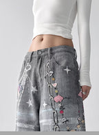 AM Vision RO Retro Washed Distressed 3D Print Chain Jeans with colorful graphic designs and relaxed fit