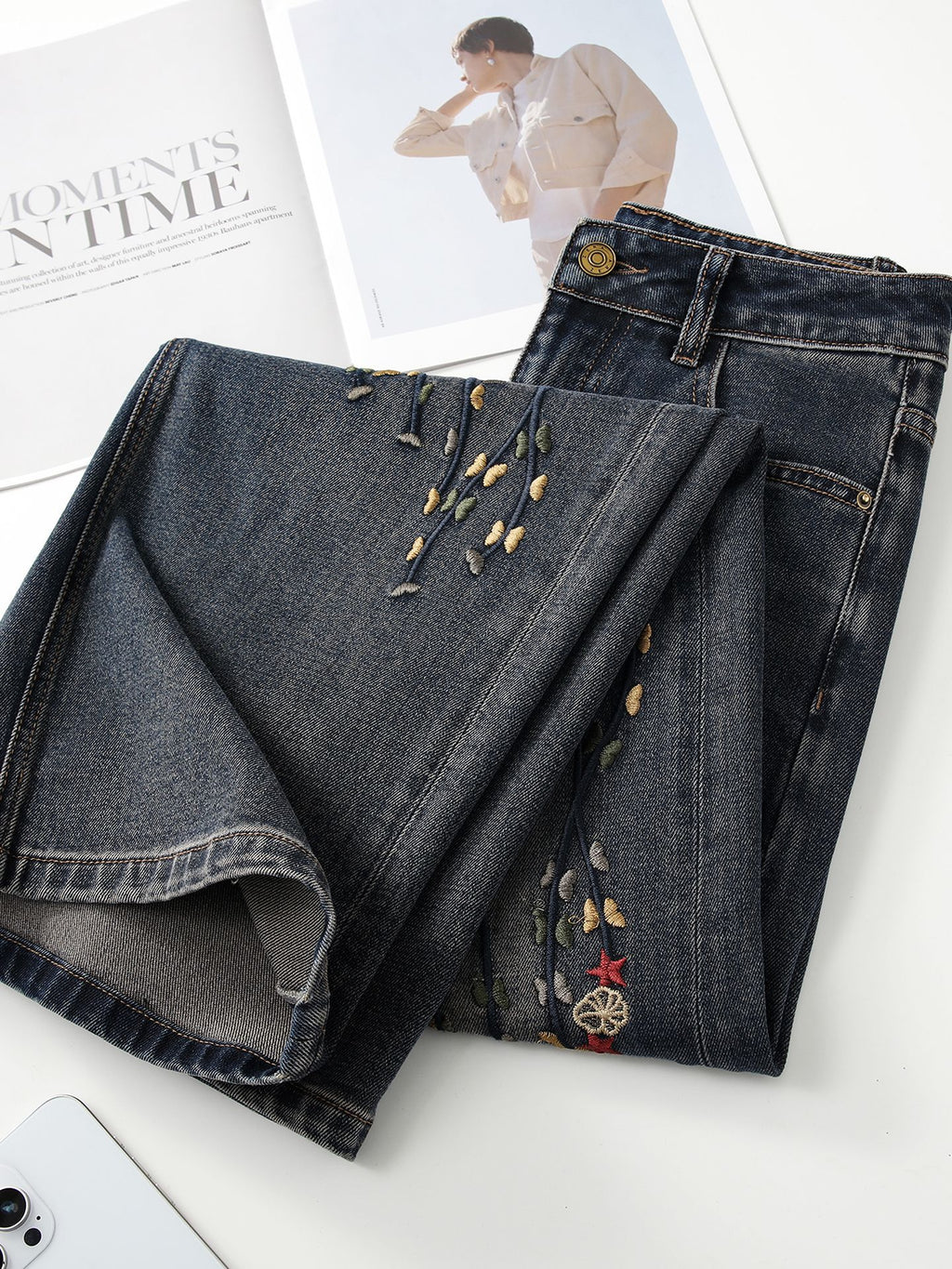 Denim RetroBloom Embroidered Jeans with Floral Stitching and Folded Cuffs
