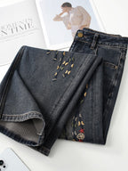 Denim RetroBloom Embroidered Jeans with Floral Stitching and Folded Cuffs