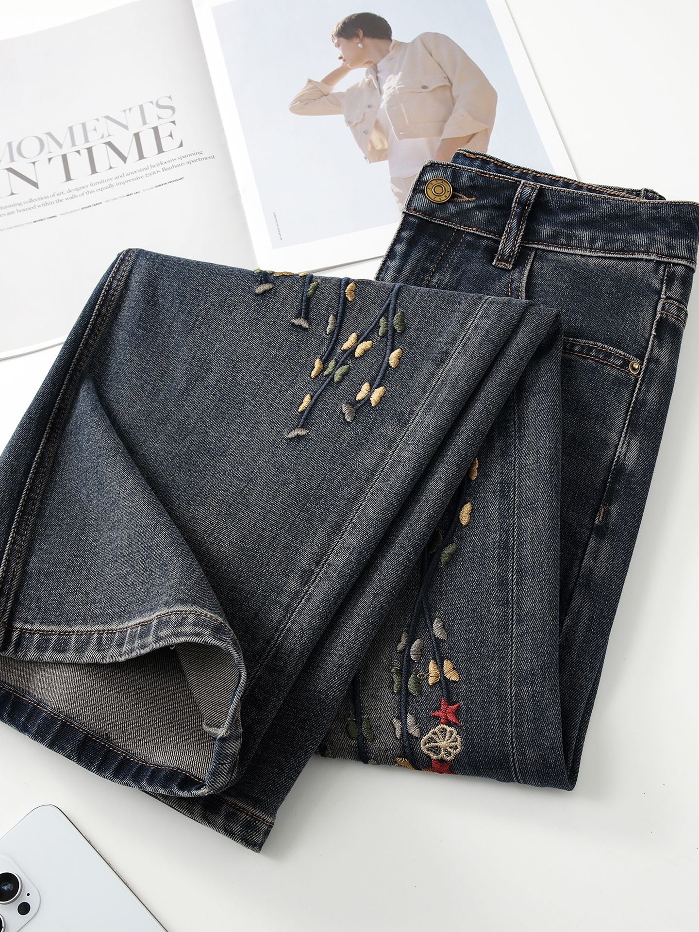 Denim RetroBloom Embroidered Jeans with Floral Stitching and Folded Cuffs