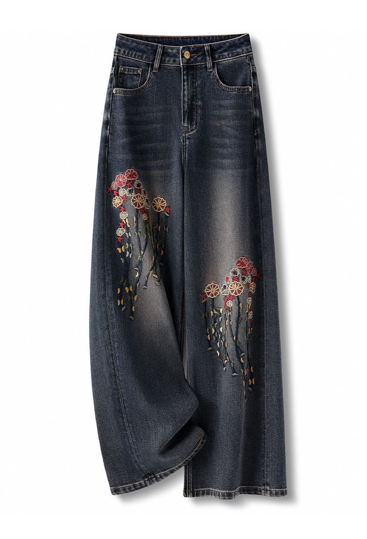 AM Vision RO RetroBloom Embroidered Jeans with Floral Design and Wide-Leg Fit