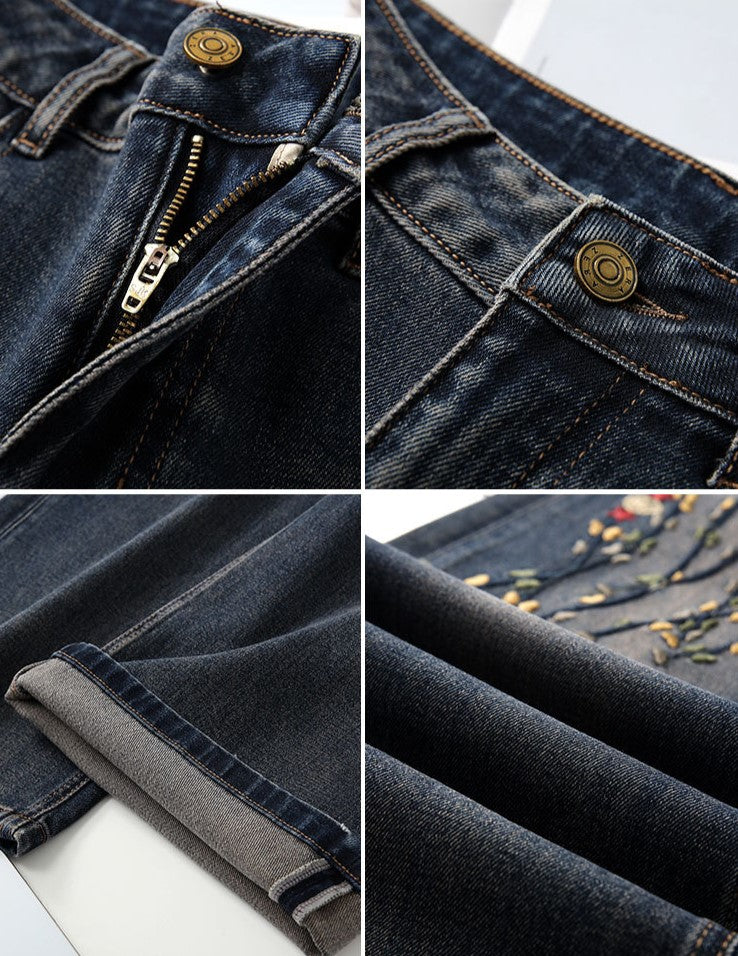 Close-up details of RetroBloom Embroidered Jeans featuring stitching, zipper, and hem design