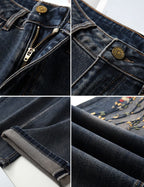 Close-up details of RetroBloom Embroidered Jeans featuring stitching, zipper, and hem design