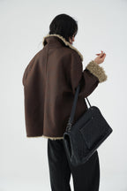 Stylish Reversible Winter Suede Jacket in brown with faux fur collar for a chic winter look