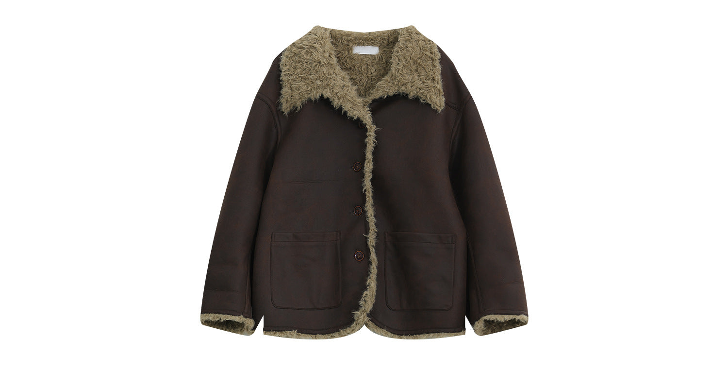 Reversible Winter Suede Jacket in dark brown with soft faux fur lining for warmth and comfort