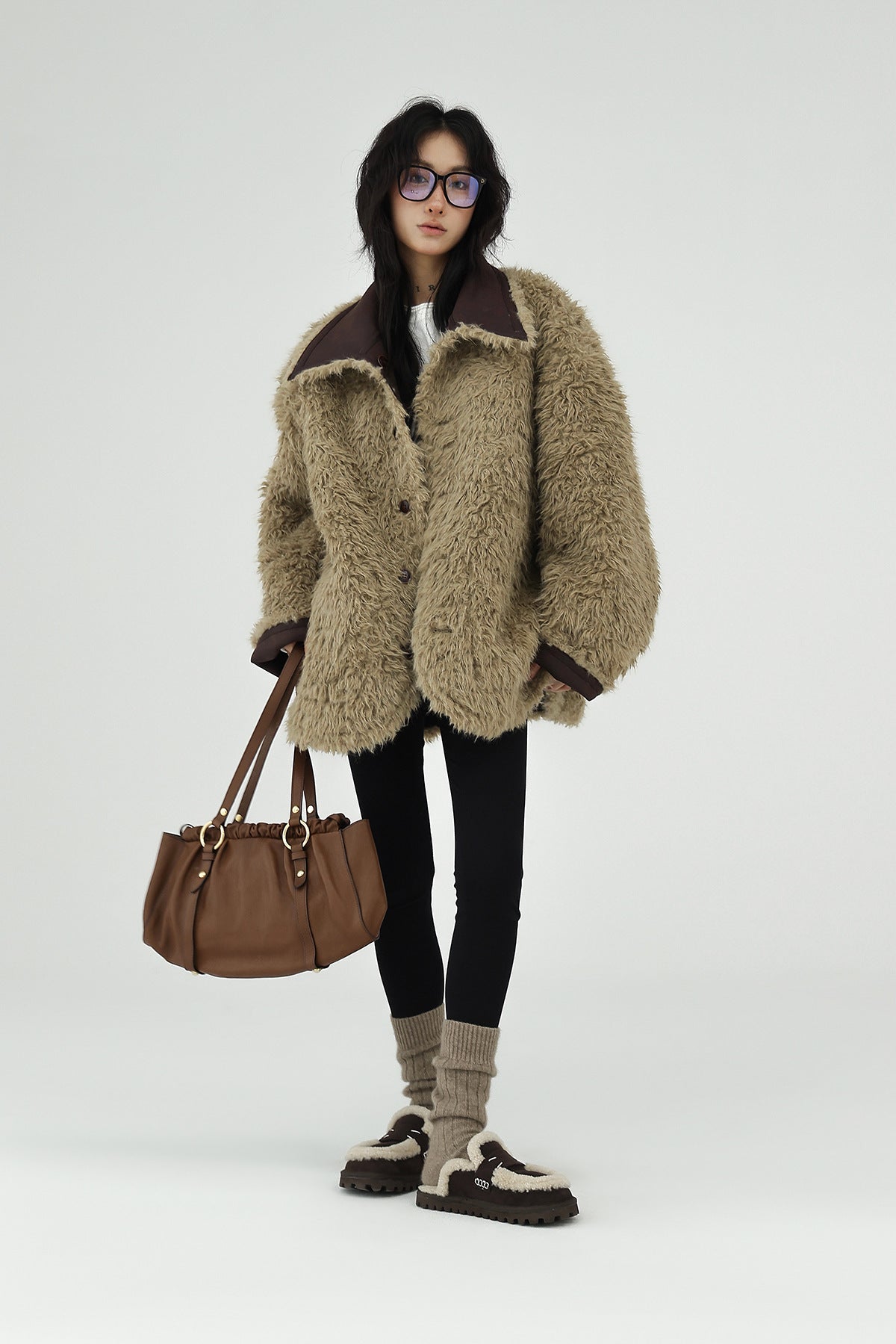 Cozy Reversible Winter Suede Jacket in Brown with Fuzzy Texture for Stylish Cold Weather Wear