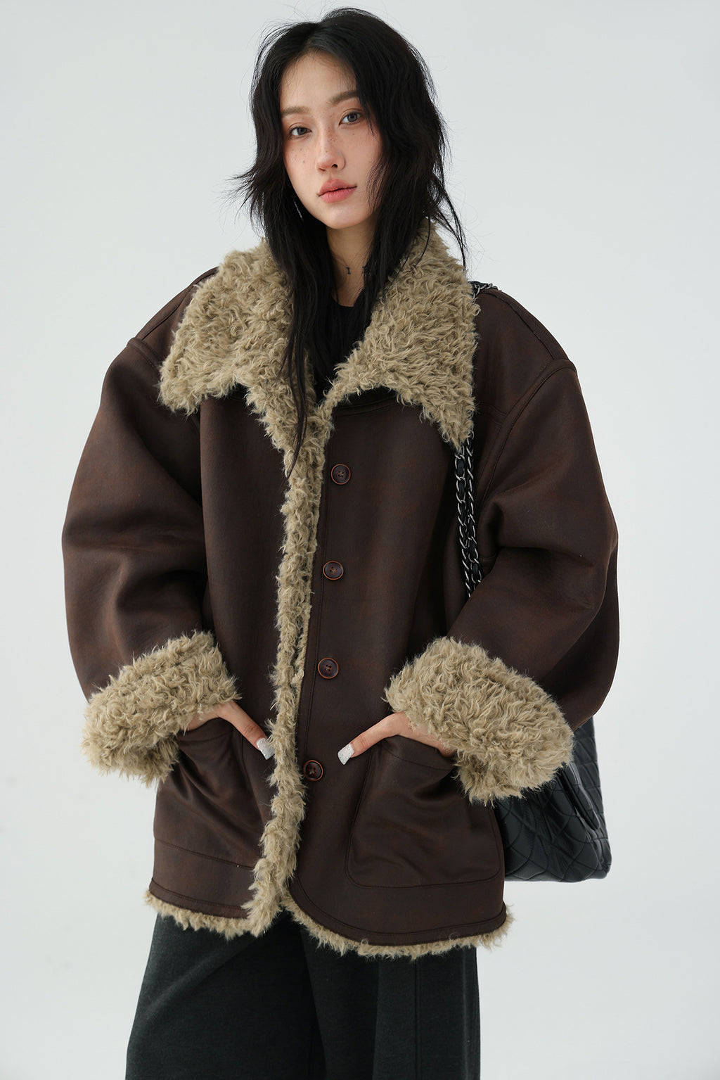 AM Vision RO Reversible Winter Suede Jacket in brown with plush fur trim and large pockets