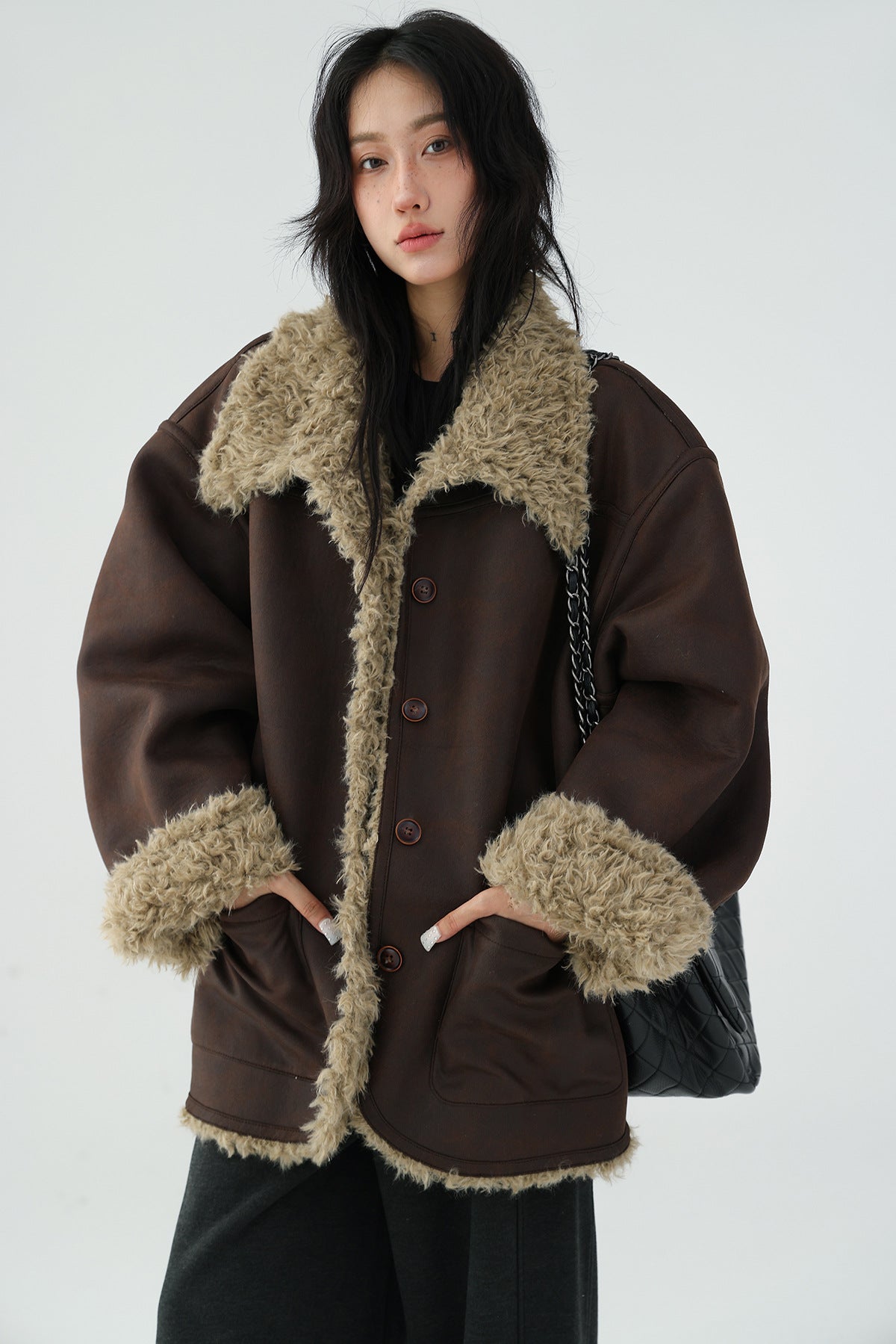 AM Vision RO Reversible Winter Suede Jacket in brown with plush fur trim and large pockets