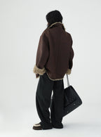 Reversible Winter Suede Jacket in Brown with Faux Fur Trim for Stylish Warmth