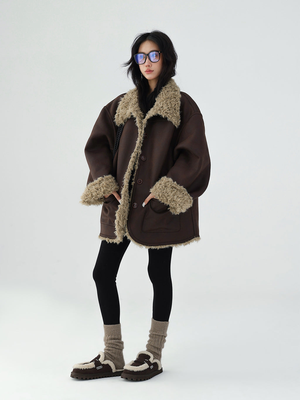 AM Vision RO Reversible Winter Suede Jacket in Dark Brown with Faux Fur Trim for Cozy Warmth