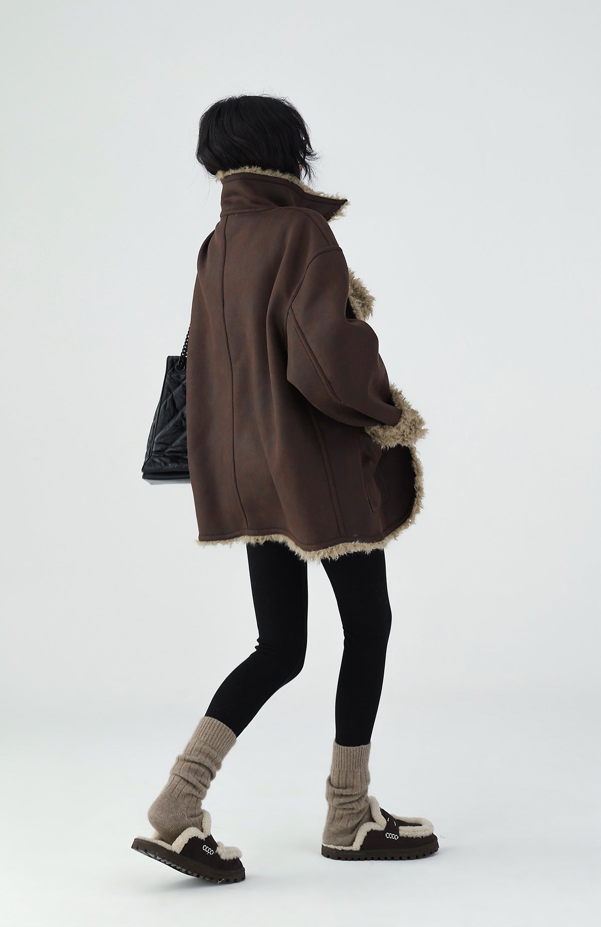 Reversible Winter Suede Jacket in brown with faux fur trim for stylish cold-weather wear