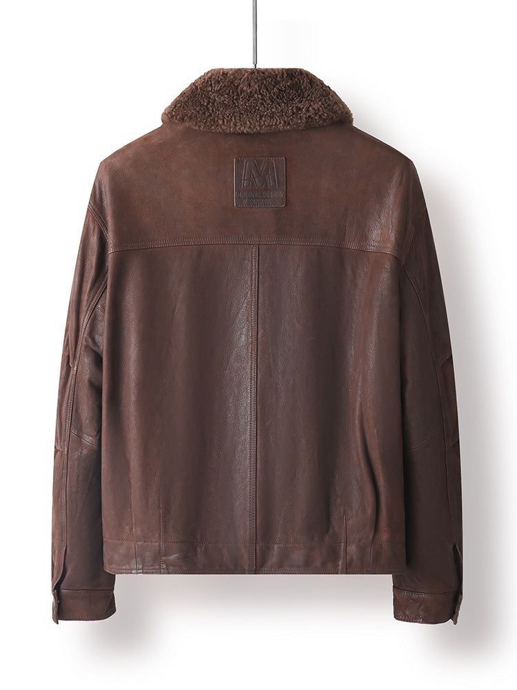 Back view of the Rheon Wool Collar Goatskin Moto Jacket in brown with a plush collar