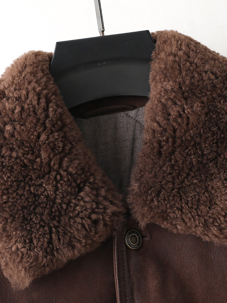 Close-up of Rheon Wool Collar Goatskin Moto Jacket showcasing the soft brown shearling collar