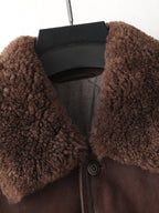 Close-up of Rheon Wool Collar Goatskin Moto Jacket showcasing the soft brown shearling collar