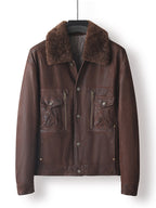 Rheon Wool Collar Goatskin Moto Jacket in rich brown, featuring button closure and multiple pockets
