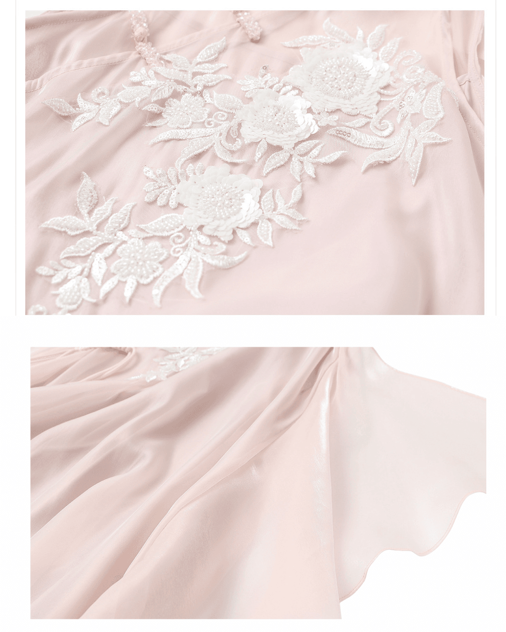 Detalii cu broderie florală albă pe rochie lungă cu broderie din material roz pal ușor transparent