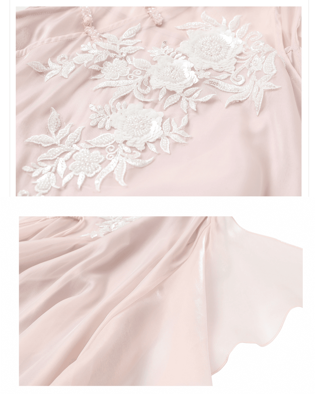 Detalii cu broderie florală albă pe rochie lungă cu broderie din material roz pal ușor transparent