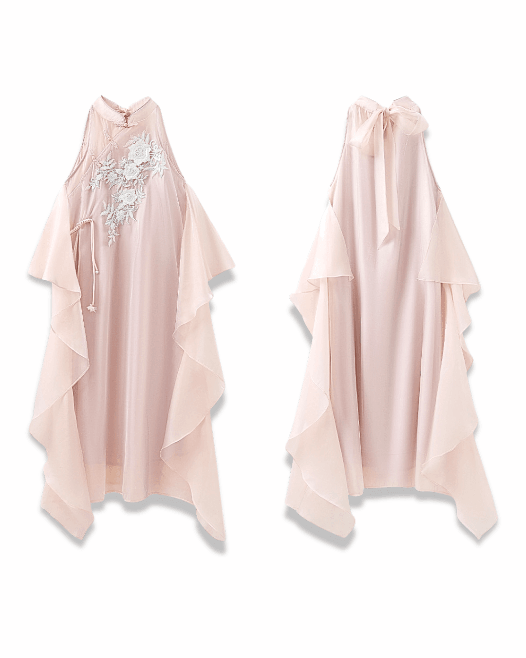 Rochie lungă cu broderie albă, roz pal, voal fluid și design asimetric de la AM Vision RO
