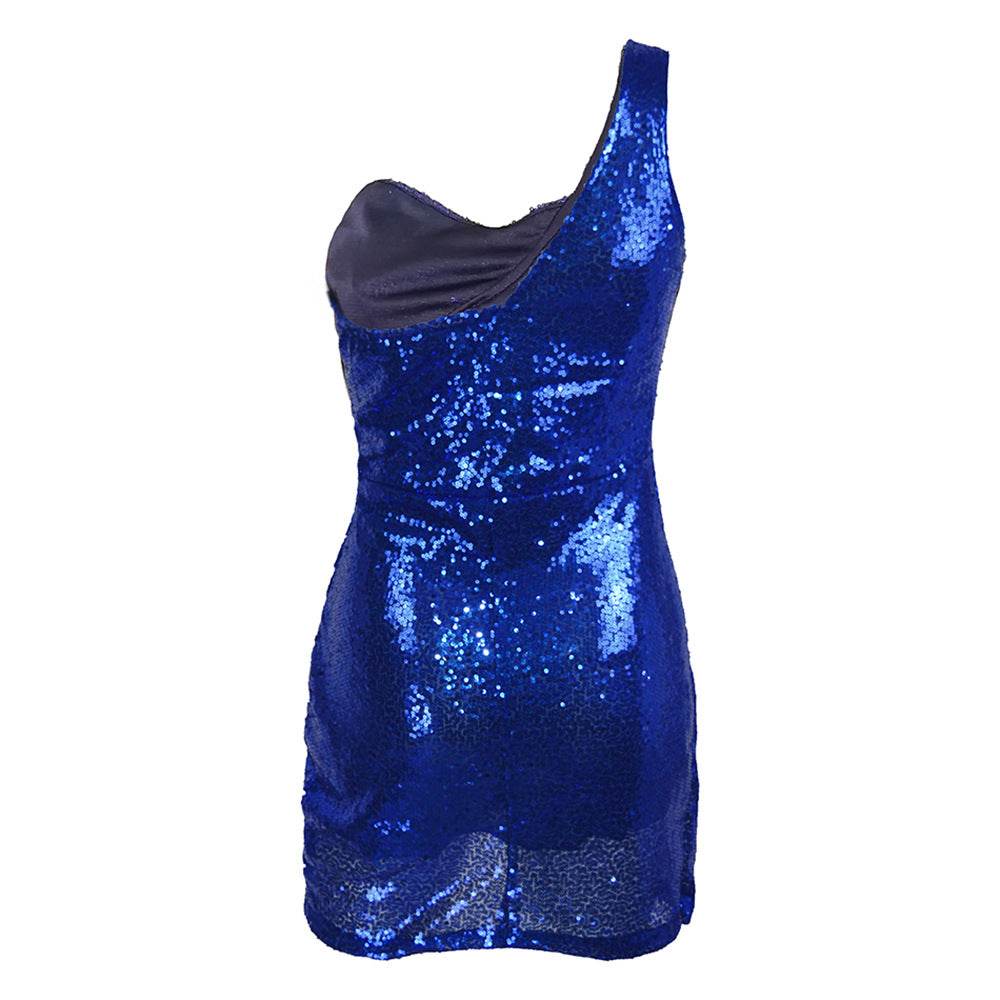 Rochie mini strălucitoare albastru electric cu paiete și bretea asimetrică de la AM Vision RO