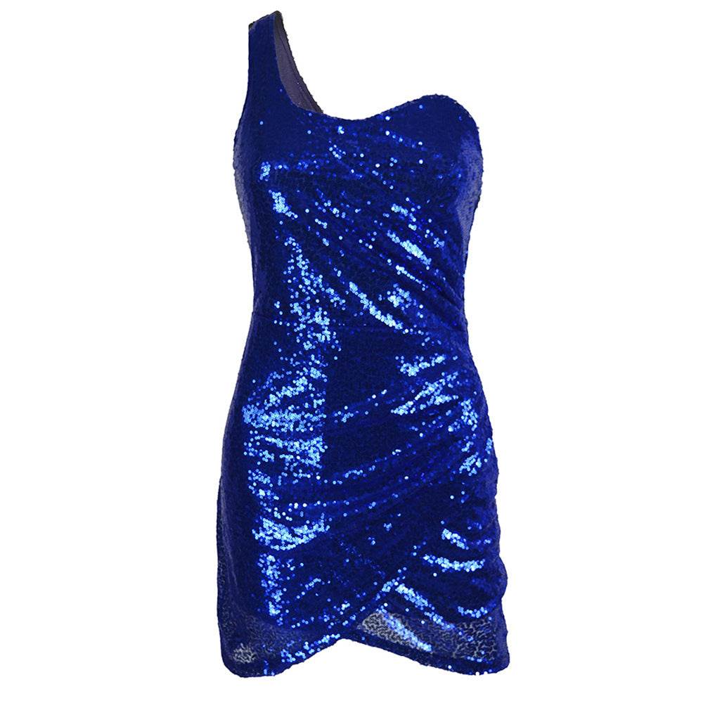 Rochie mini strălucitoare albastru închis cu paiete și design asimetric de la AM Vision RO