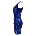 Side view of a Sparkling Mini Dress in blue with a fitted silhouette and shimmering sequins