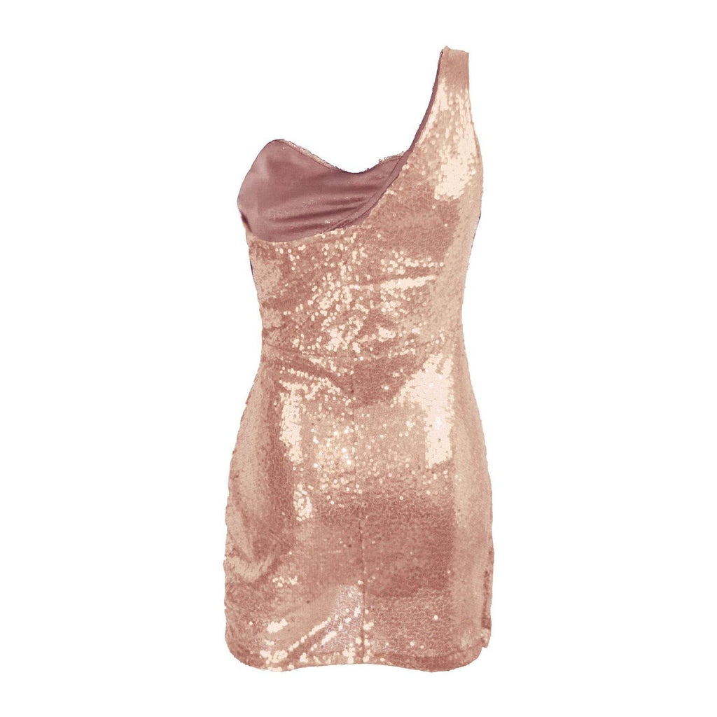 Rochie mini strălucitoare roz cu paiete și bretea asimetrică pentru ocazii speciale