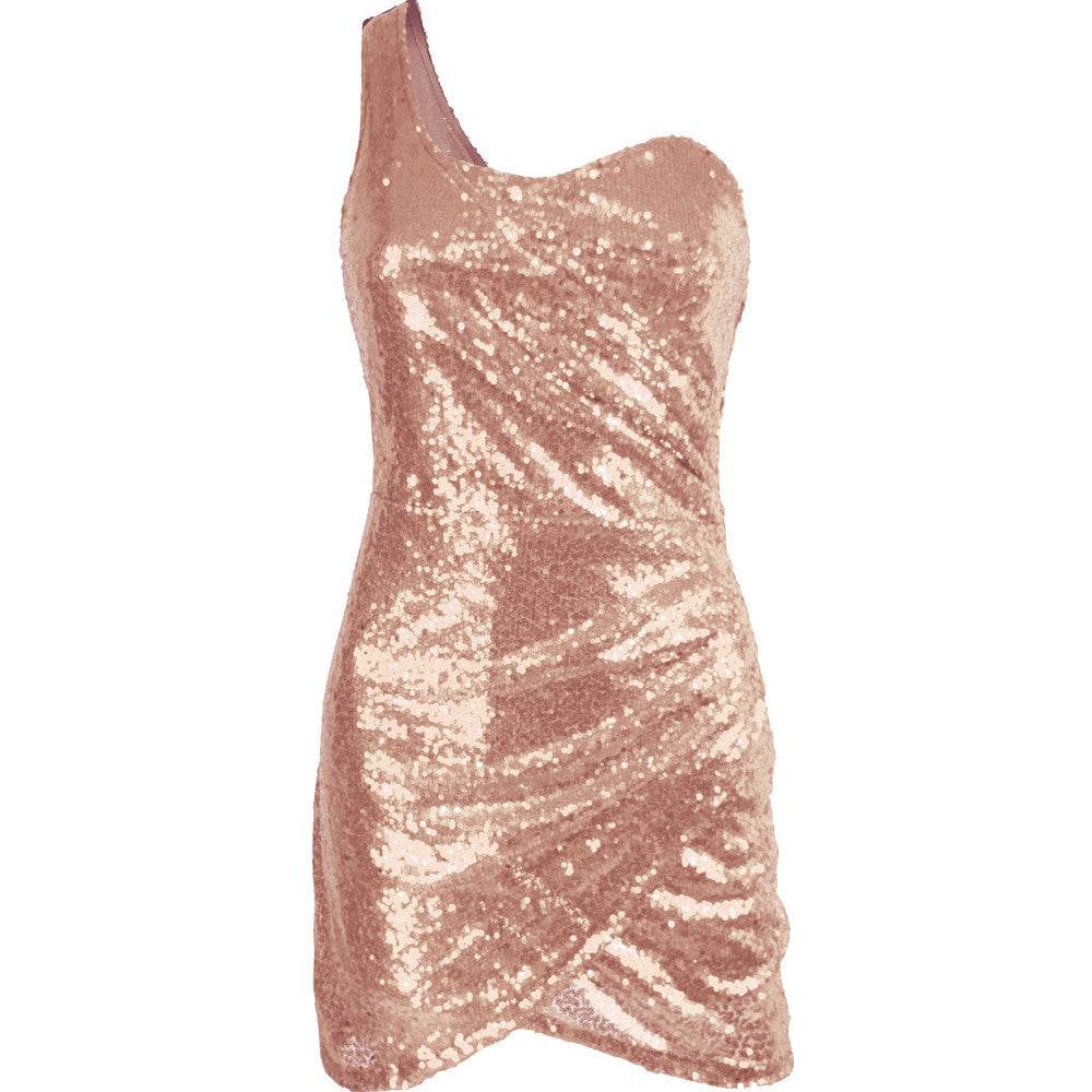 Rochie mini strălucitoare roz cu paiete și un umăr gol elegant de la AM Vision RO