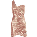 Rose Gold Sparkling Mini Dress with One Shoulder Design and Ruched Details