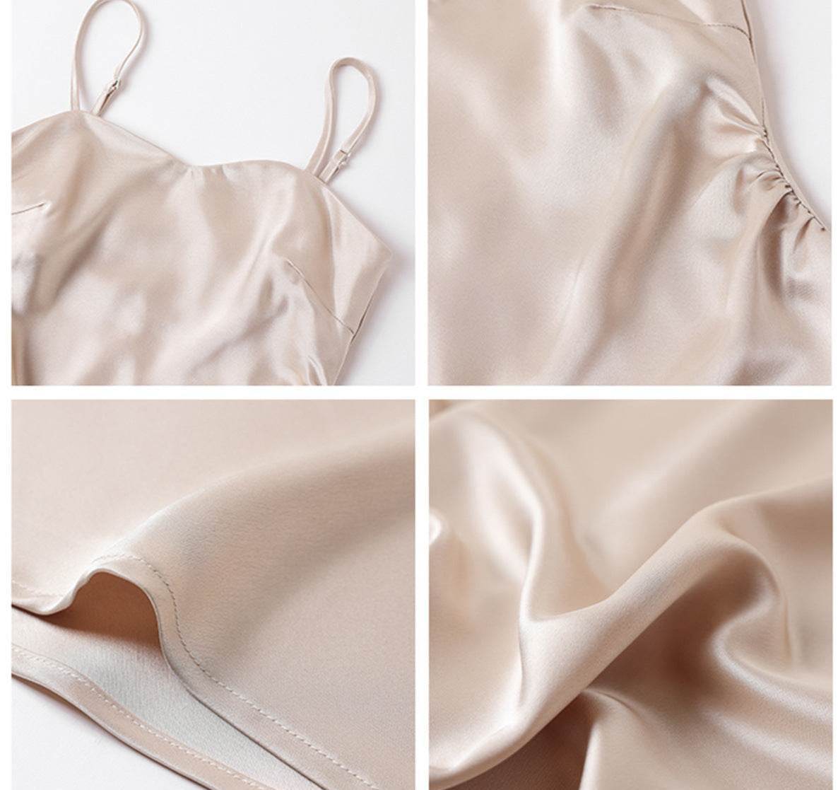 Detalii apropiate ale unei Rochii Satinată Slip Dress bej cu bretele subțiri și material lucios