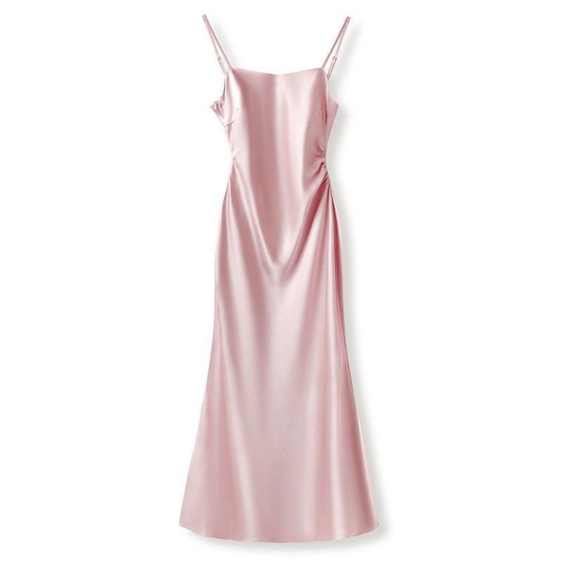 Rochie Satinată Slip Dress roz pal cu bretele subțiri și croială elegantă lungă pentru ocazii speciale