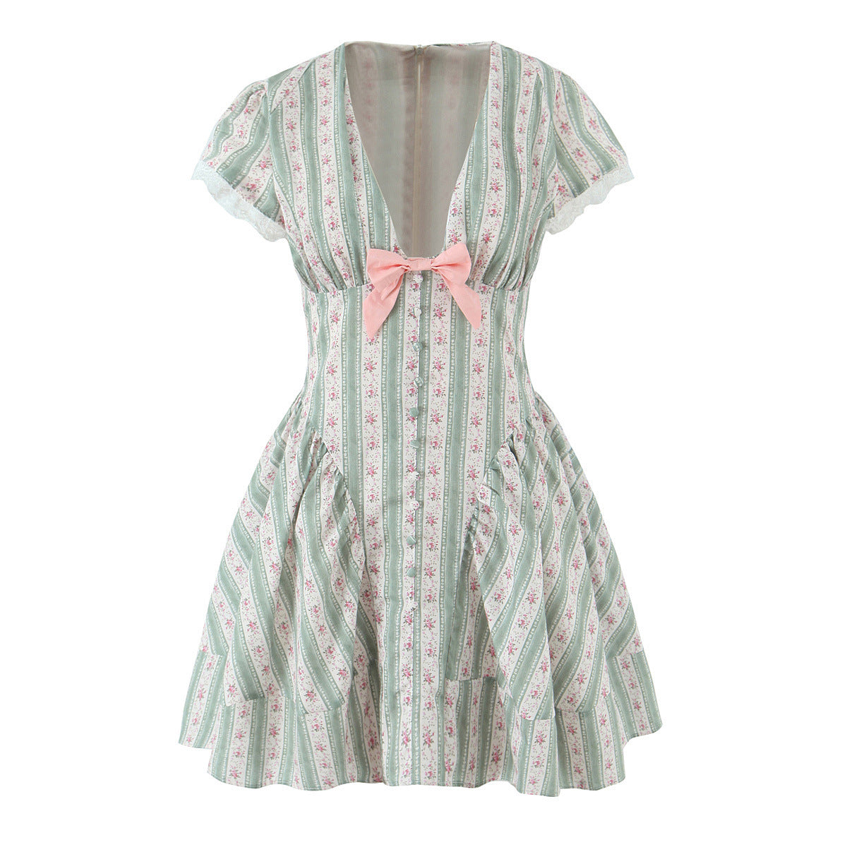 Close-up of the bow and lace V-neck detail of the Romantic Bow Lace Mini Dress
