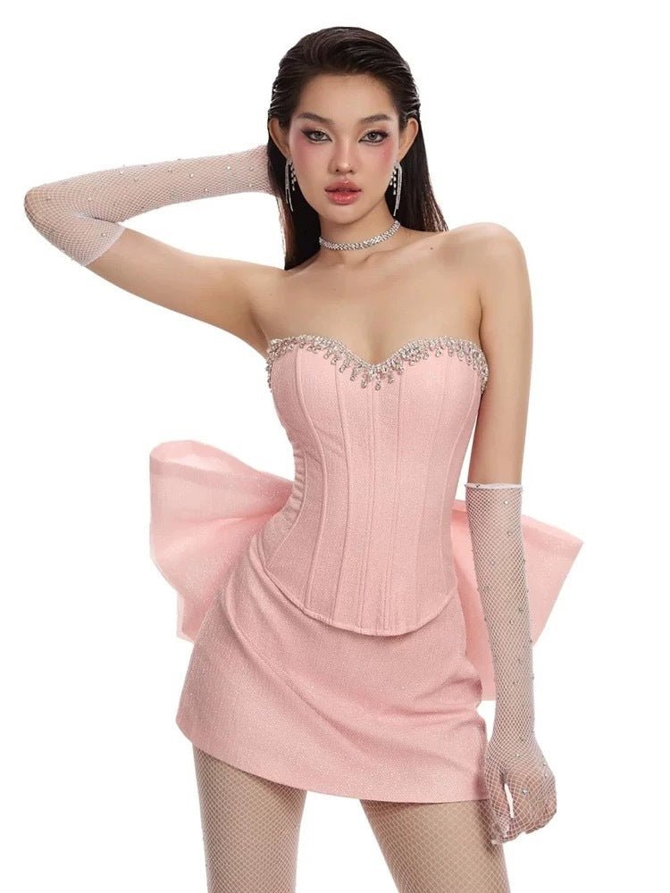 Rosabelle 3D Bow Tweed Set – Tube Top and Mini Skirt in soft pink with dramatic bow detailing