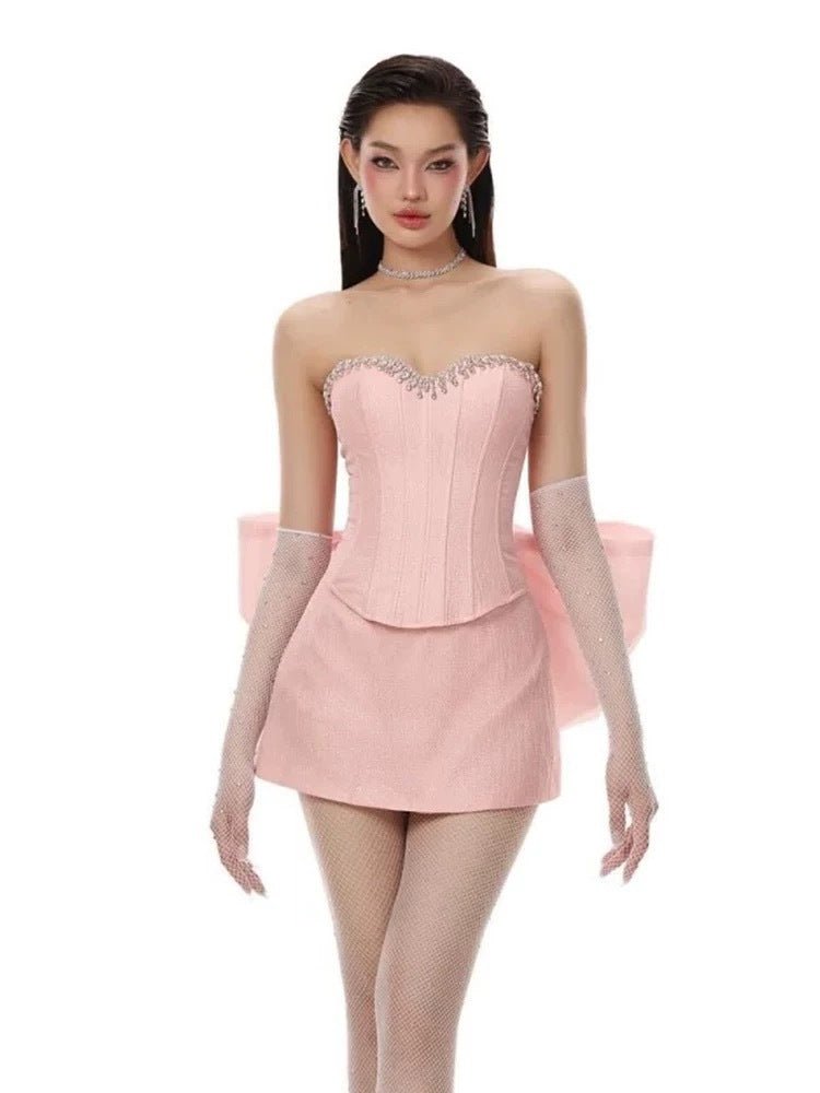 Rosabelle 3D Bow Tweed Set – Tube Top and Mini Skirt in pink with sparkling embellishments, perfect for special occasions