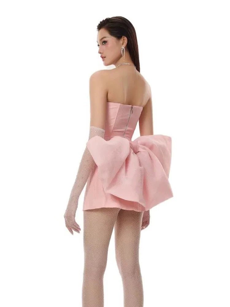 Rosabelle 3D Bow Tweed Set – Tube Top and Mini Skirt in Pink with a Large Bow Detail