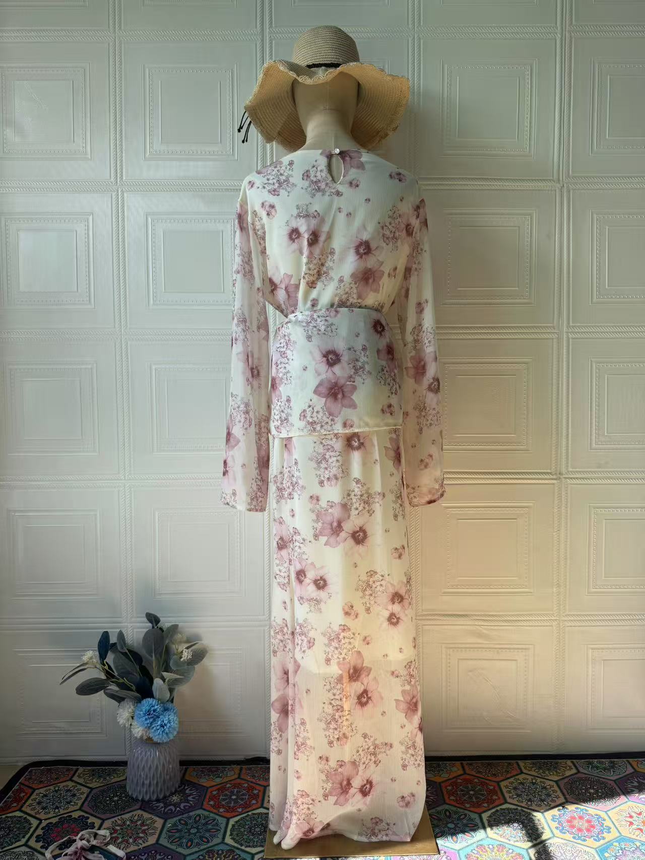 Rose Meadow Two-Piece Maxi Set with Floral Design and Long Sleeves on a Dummy Mannequin
