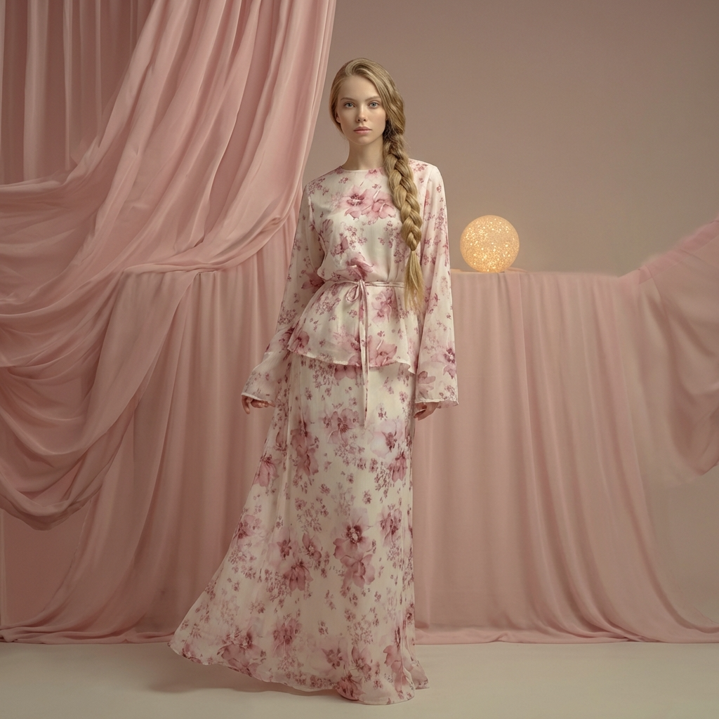Elegant Rose Meadow Two-Piece Maxi Set with floral print, long sleeves, and flowing design ideal for special occasions